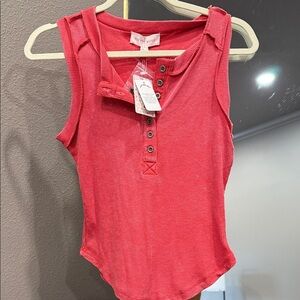 Women's Ribbed Henley Tank - Coral Red